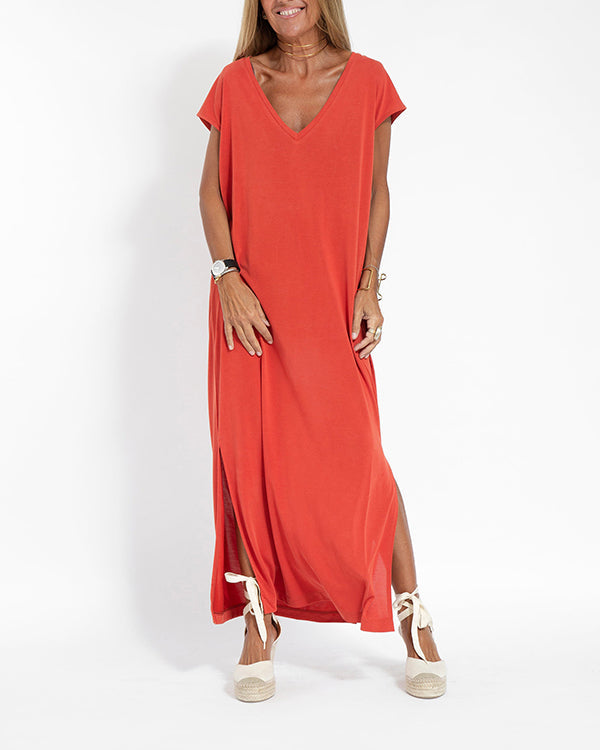Women's V-Neck Short Sleeve Maxi Dress with Side Slit and Flowing Design - TrendAura