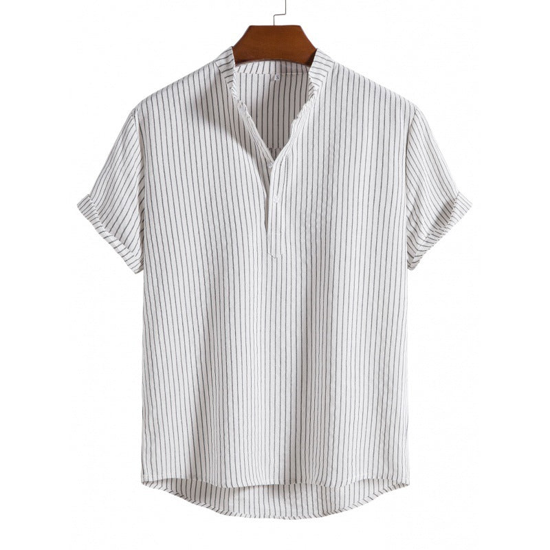 Striped linen shirt with half button placket for men