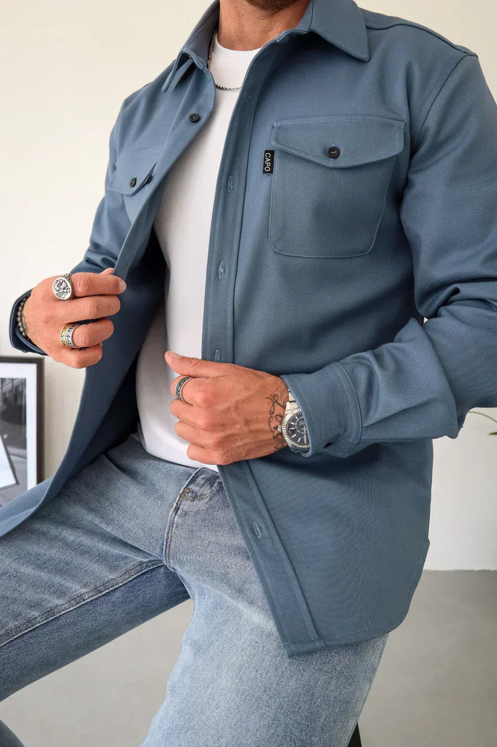 Mens Cotton Overshirt Relaxed Fit Long Sleeve Button Front Jacket For Layering Wear