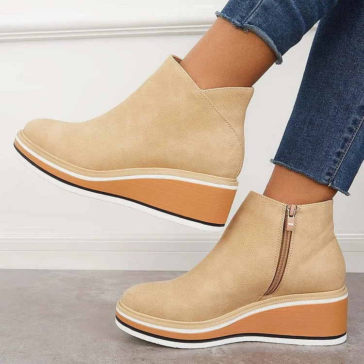 MOVA Women's Retro Wedge Boots Side Zip PU Leather Comfortable Chic Everyday Booties For Spring And Autumn