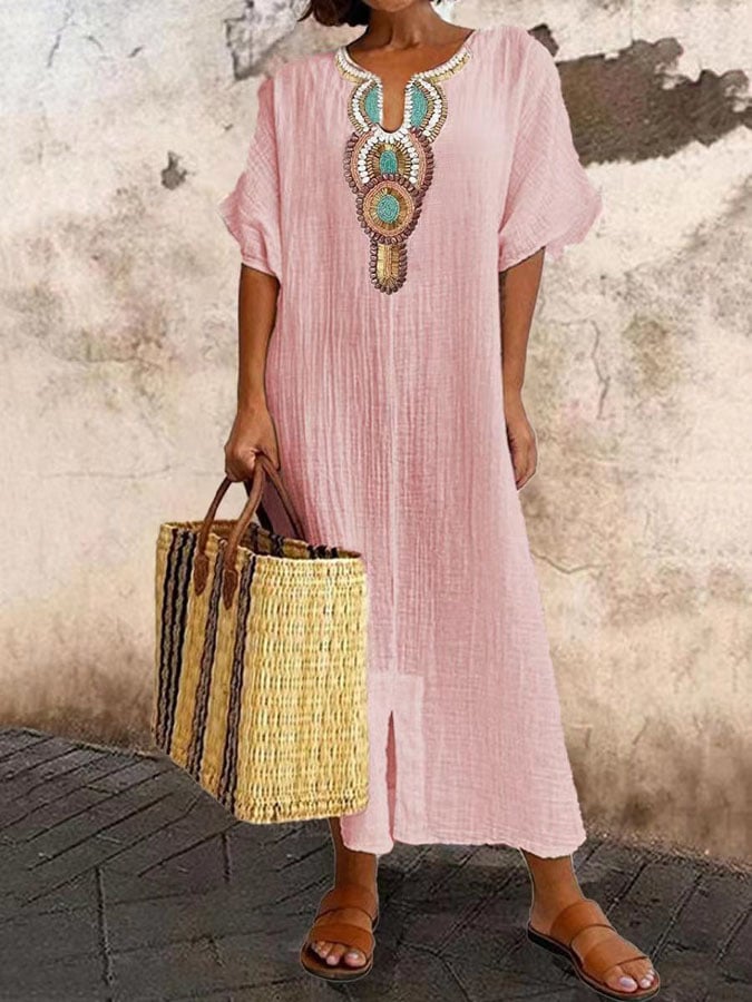 Women’s Kaftan Dress – Relaxed Fit – Embroidered Neckline – Crinkled Cotton Blend