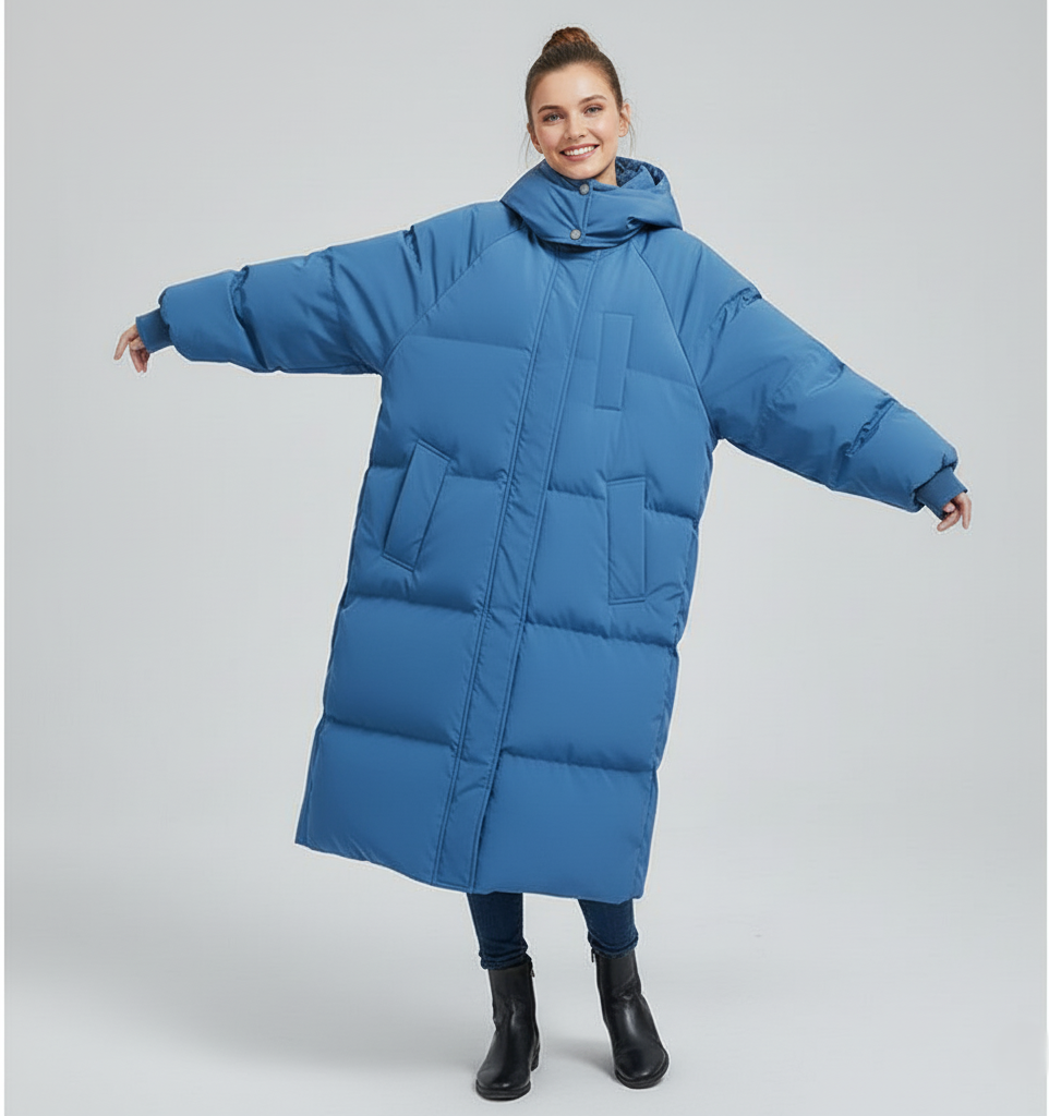 Women’s Long Puffer Trench Coat – Oversized Fit – Quilted Insulated – Hooded High Collar