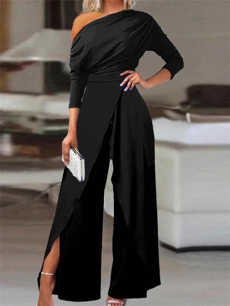 Women’s Jumpsuit – One-Shoulder Draped Fit – Wide-Leg Full-Length Formal Wear