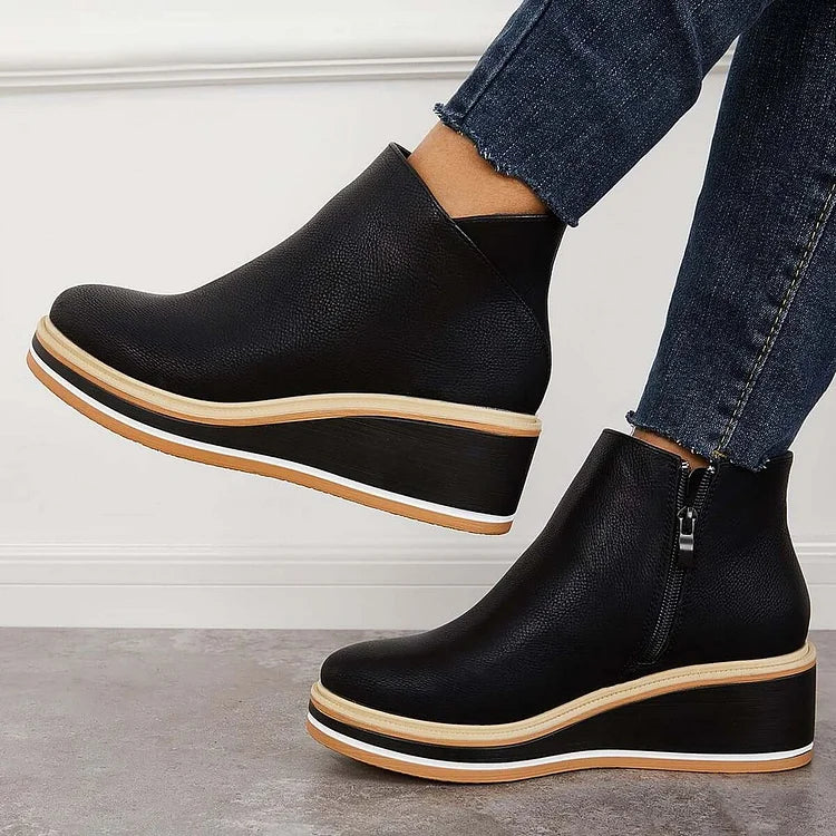 MOVA Women's Retro Wedge Boots Side Zip PU Leather Comfortable Chic Everyday Booties For Spring And Autumn
