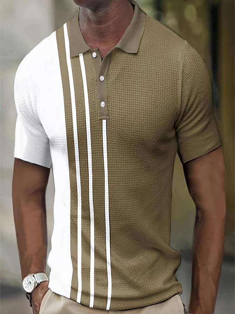 Men's Striped Polo Shirt With Classic Collar Short Sleeves Breathable Lightweight Two Tone Black White