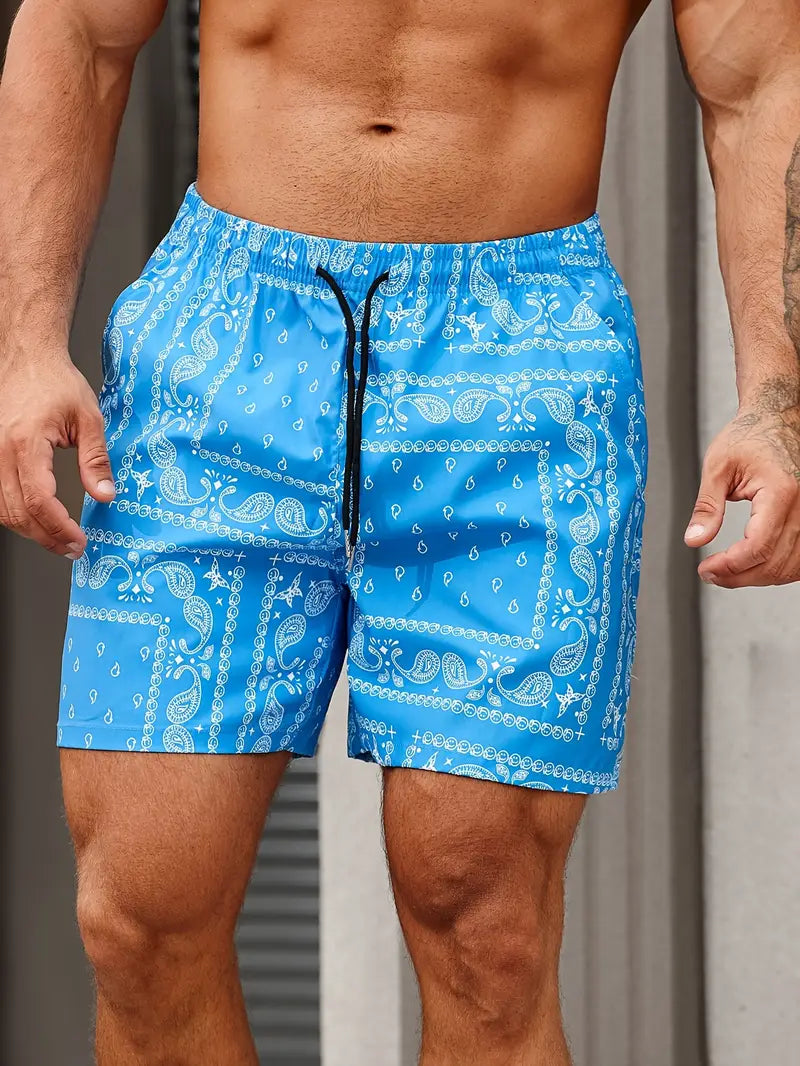 Men's Bandana Print Quick Dry Swim Shorts Mid Thigh Relaxed Fit Beach Pool Wear Essential