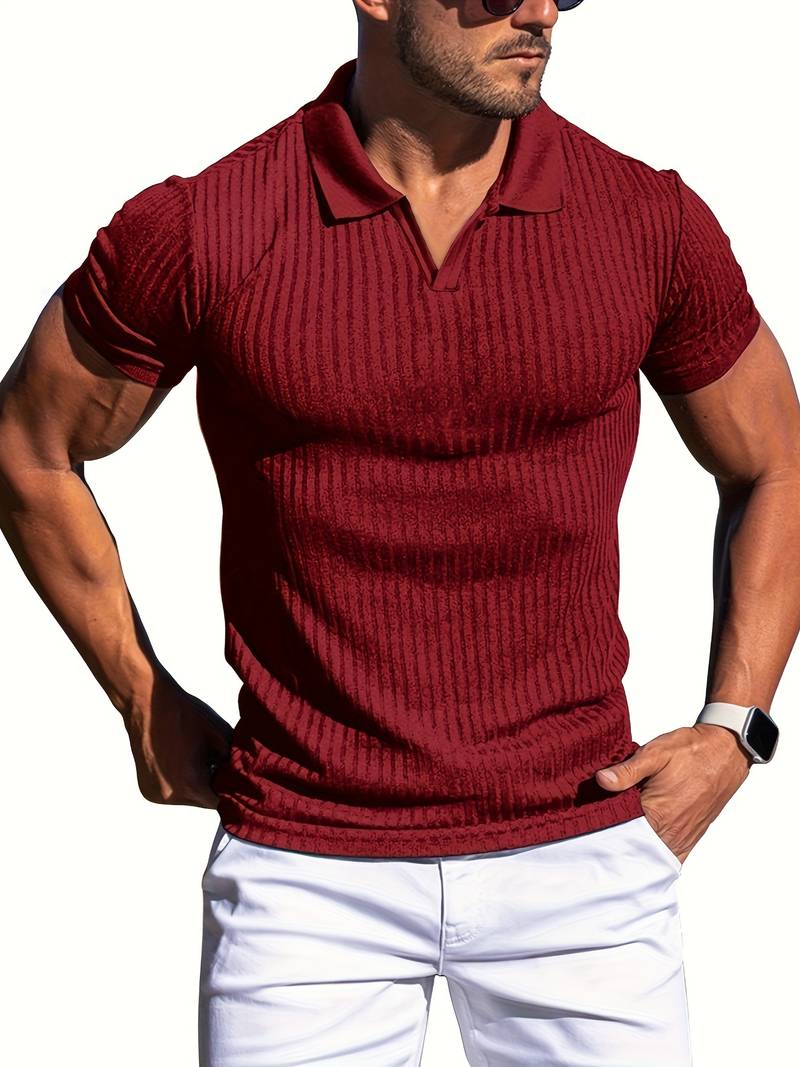 Mens Ribbed Knit Polo Shirt Slim Fit Short Sleeve Casual Stylish Comfortable Everyday Wear