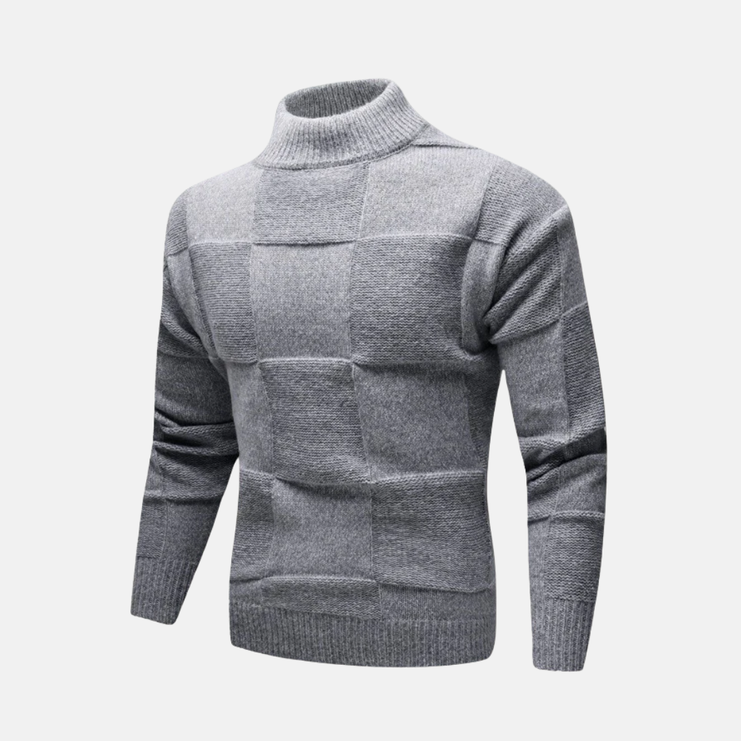 Men's Fine Gauge Knit Mock Neck Sweater With Checkerboard Pattern Slim Fit Classic Knitwear For Fall