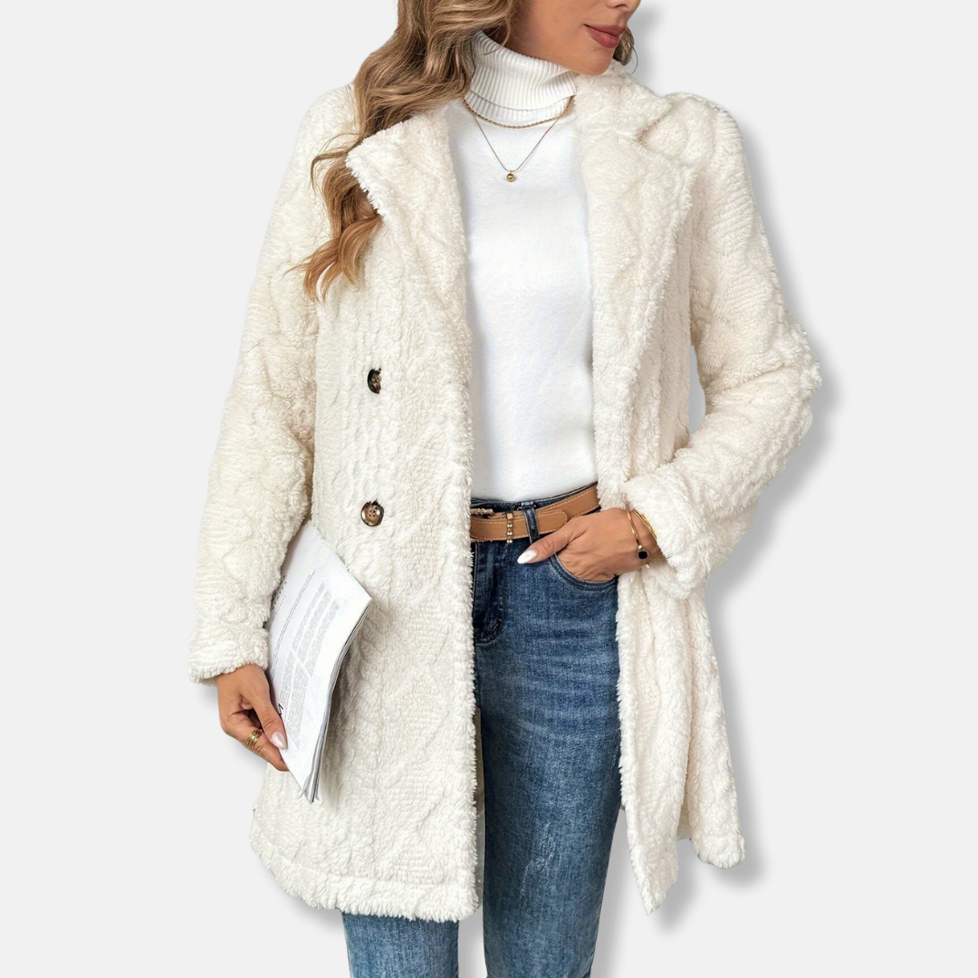 Women’s Coat - Knit - Double-Breasted - Notched Lapel - Mid-Thigh Length