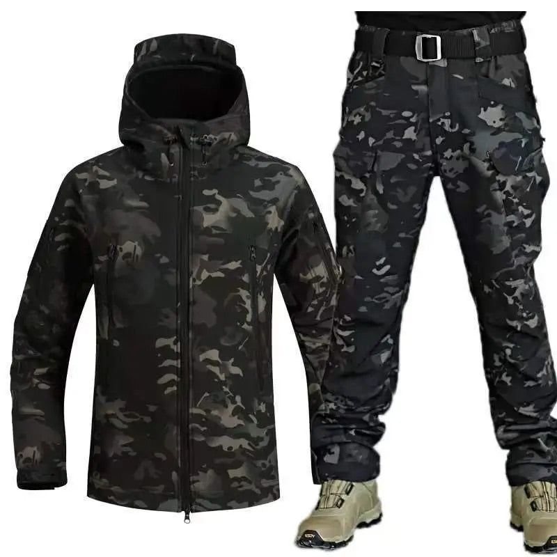 Men's Two Piece Outdoor Suit With Windproof Softshell Jacket And Pants Adjustable Fit And Utility Pockets