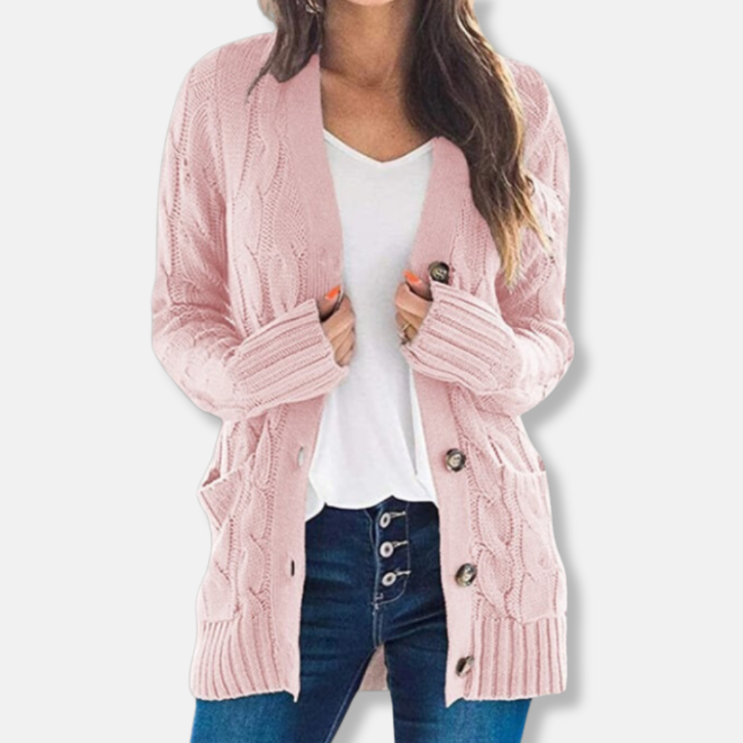 Women’s Cardigan Sweater – Chunky Cable Knit – Relaxed Fit – Button Front – Patch Pockets