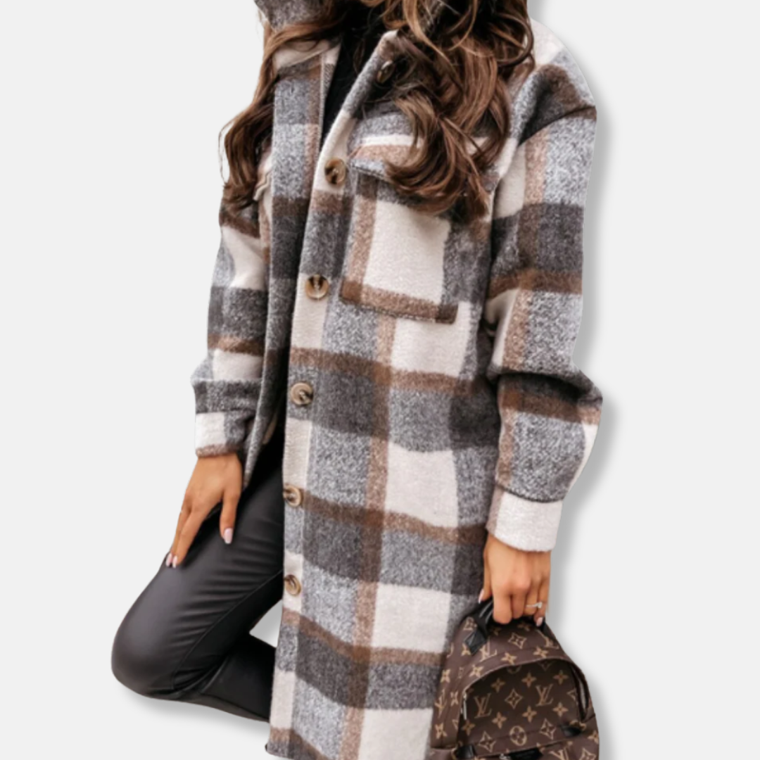 Women’s Shirt Coat - Thick Woven Fabric - Plaid Pattern - Long Sleeve - Mid-Thigh Length