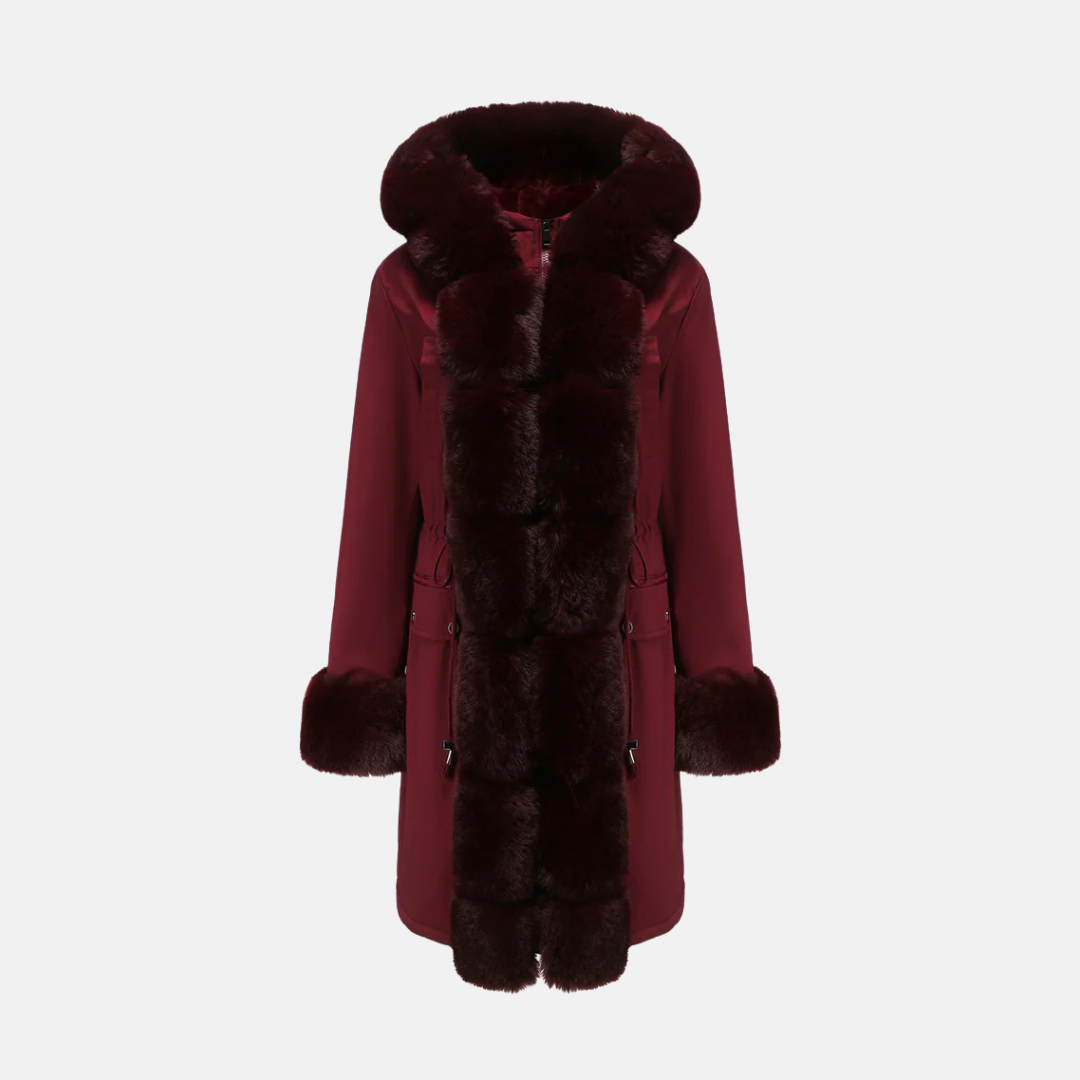 Women’s Long Coat – Regular Fit – Faux Fur Hood and Cuffs – Full Length – Zipper Closure