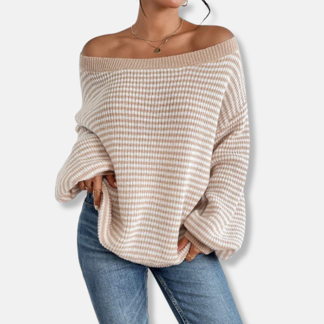 Women’s Sweater - Knitted - Boat Neckline - Lantern Sleeve