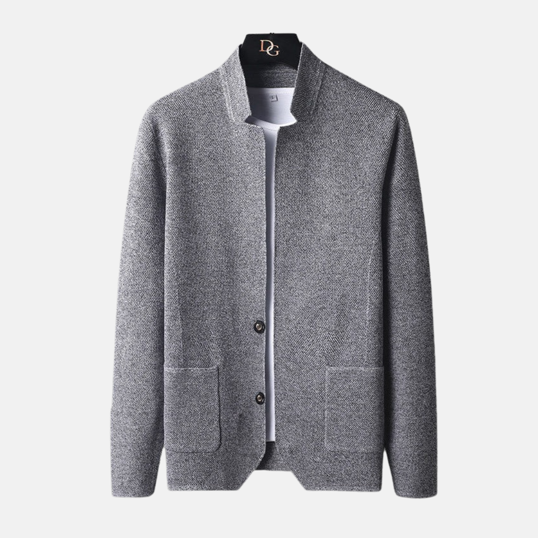 Mens Fine Knit Cardigan With Band Collar And Two Button Front Patch Pockets For Smart Casual Wardrobe