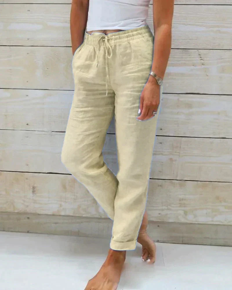 Summer linen pants with elastic waistband and drawstring