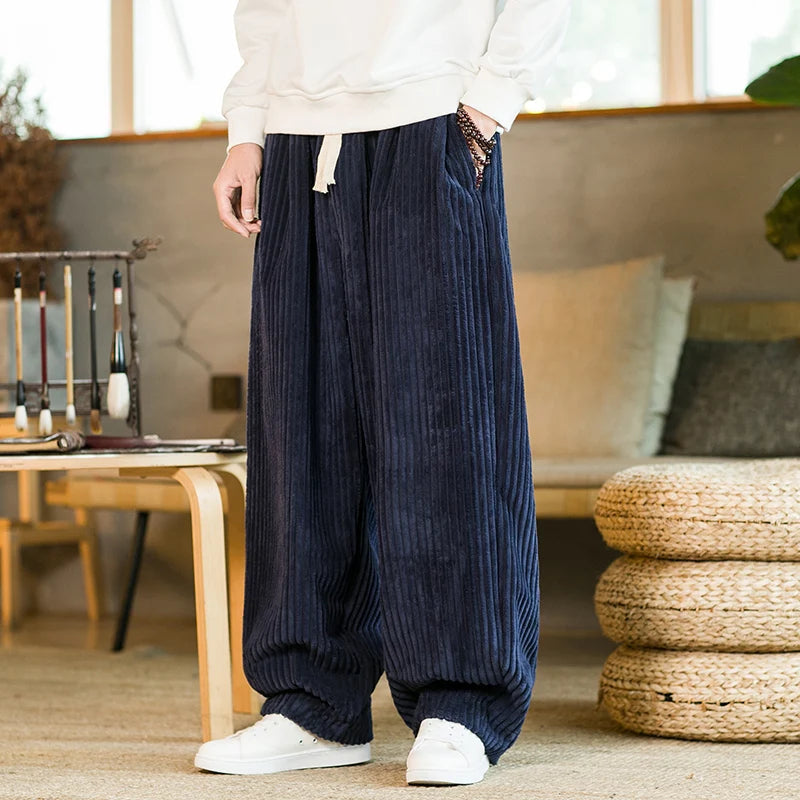 Relaxed Fit Pleated Corduroy Harem Pants For Men Solid Casual Lounge Wear With Drawstring Waist