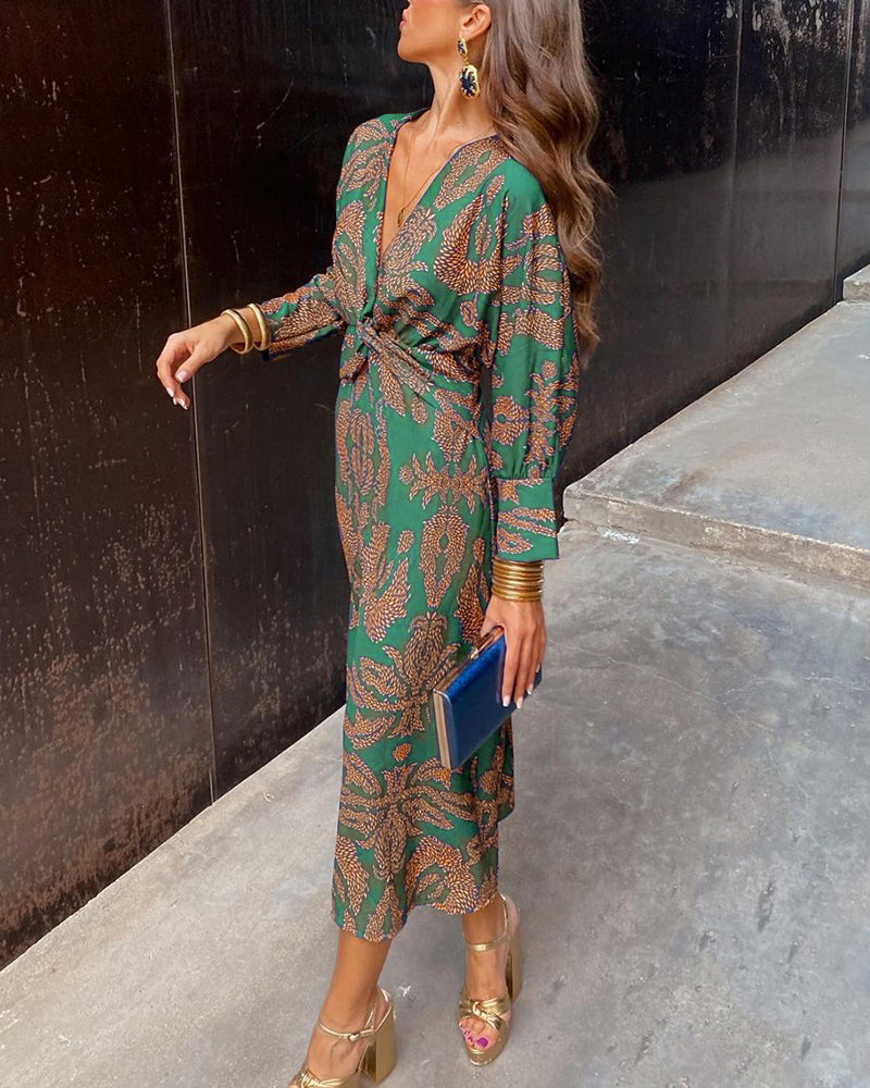 Women's Maxi Dress - Deep V-neck with Knot Detail - 3/4 Sleeves - Elegant and Flowy Design