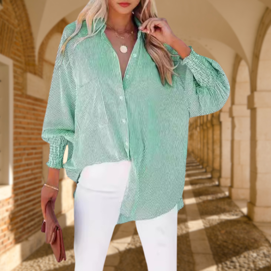 Women's Oversized Button-Down Shirt with Striped Pattern and Long Sleeves