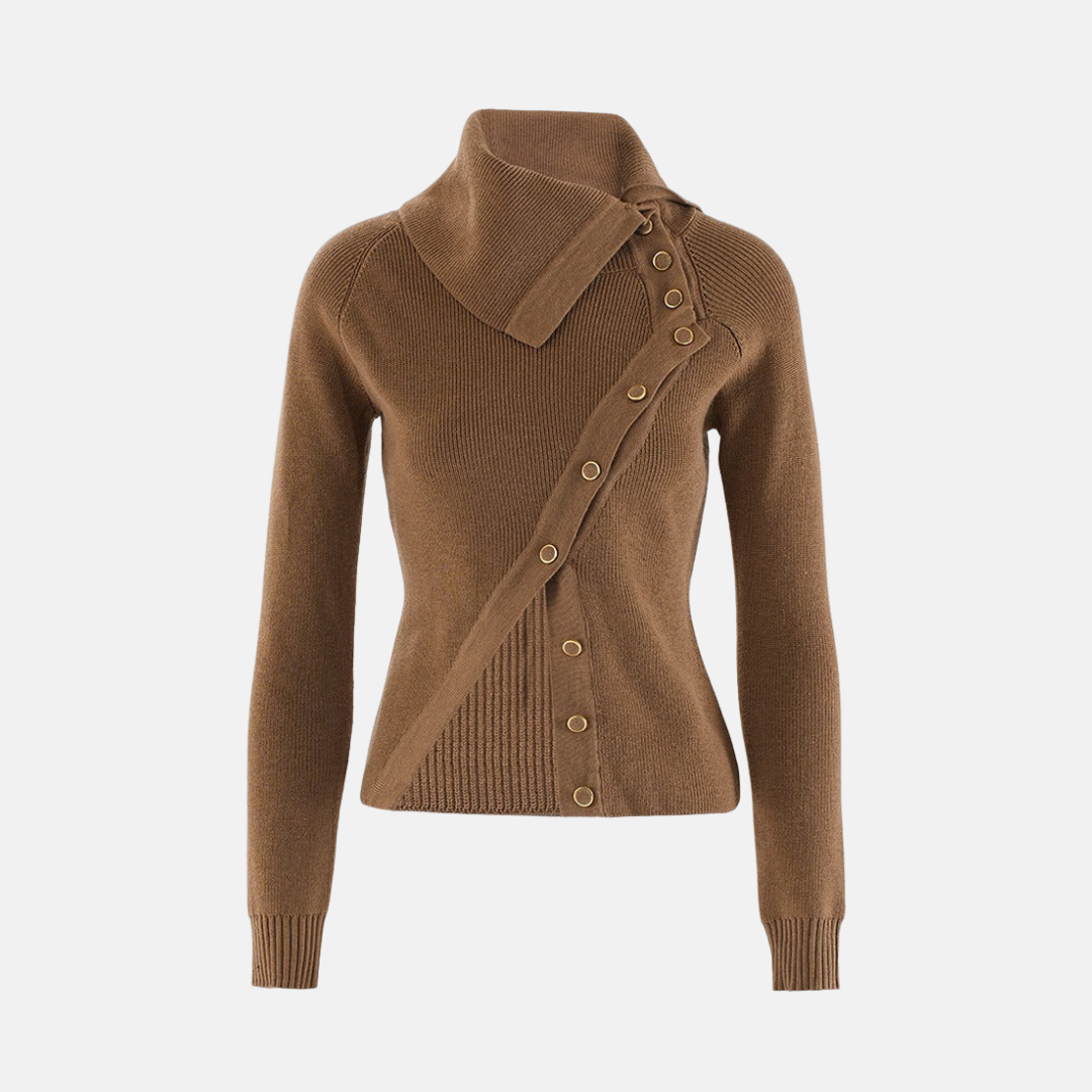 Women’s Knit Top – Slim Fit – Ribbed Wool Blend – Asymmetrical Collar and Buttons