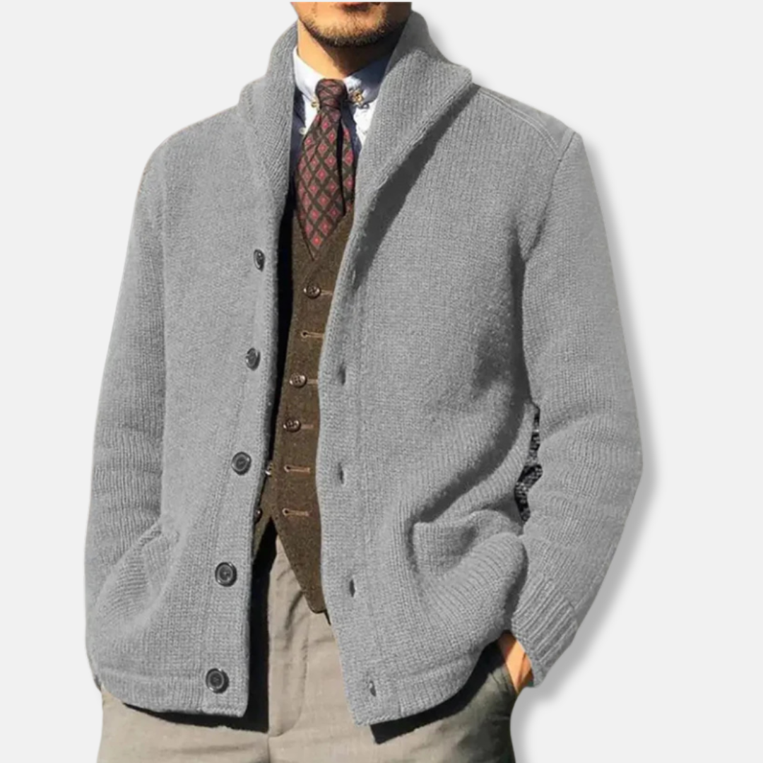 Mens Cardigan Wool Knit Regular Fit With Shawl Collar Button Front Ribbed Cuffs Design