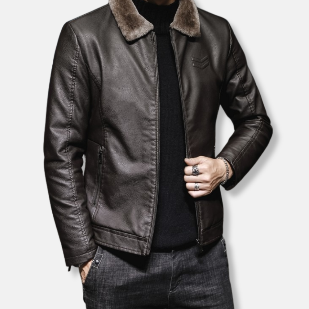 Mens Faux Leather Jacket With Turn Down Collar Full Zip Hip Length Classic Versatile Style