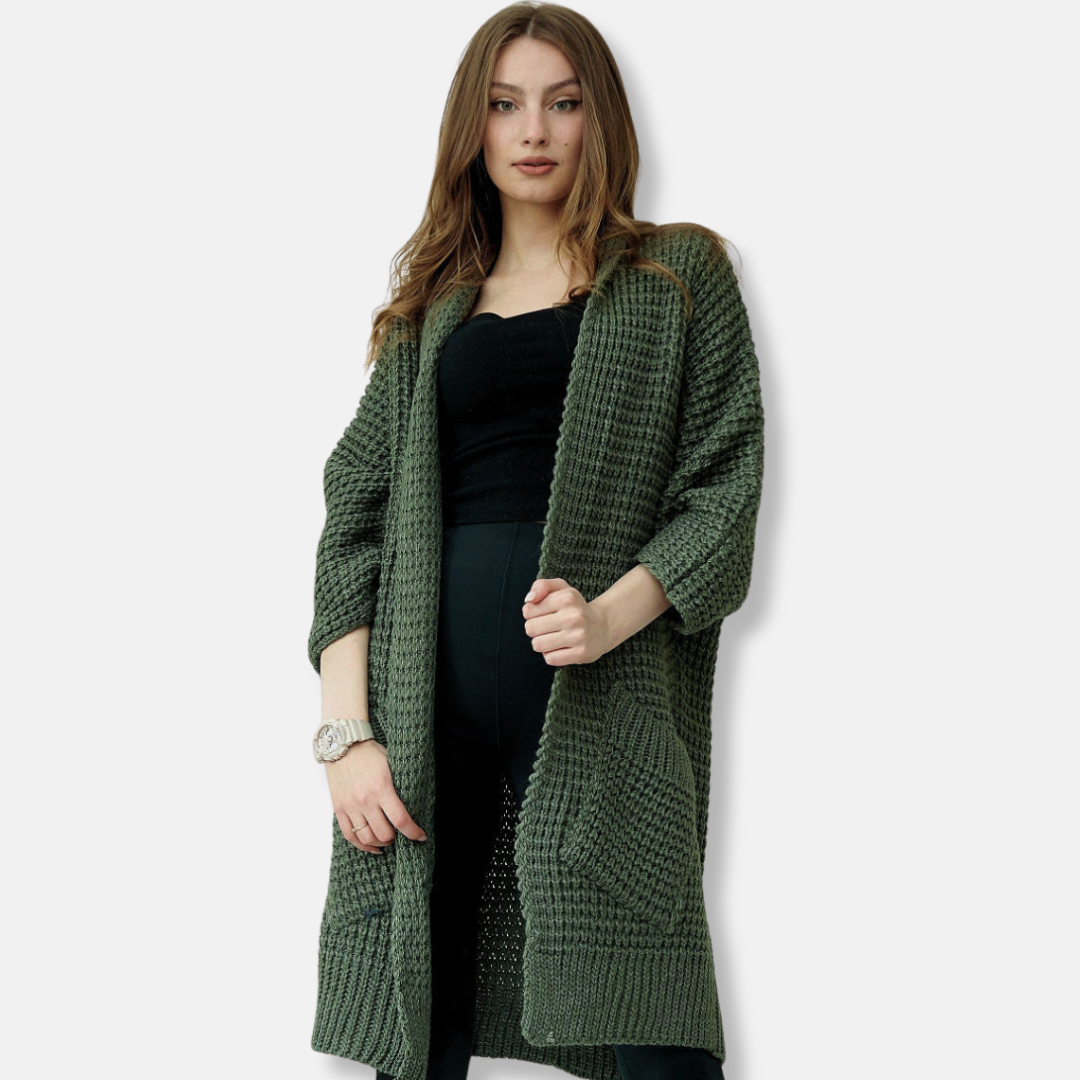 Women’s Knitted Coat – Oversized Fit – Chunky Wool Blend – Open Front – Patch Pockets