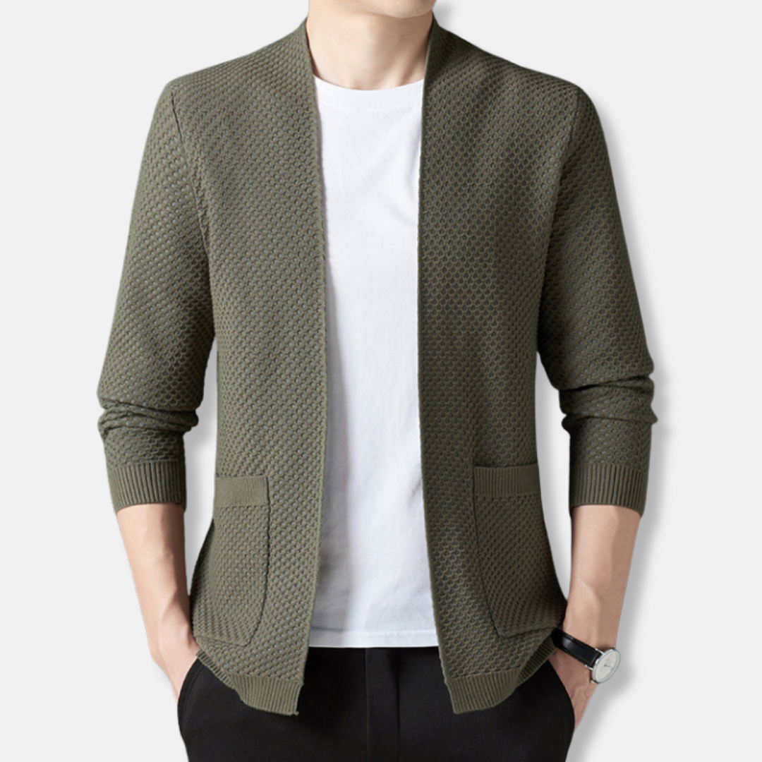 Men's Knit Cardigan Open Front Textured Waffle Pattern Relaxed Fit Hip Length Ideal For Fall Wardrobe