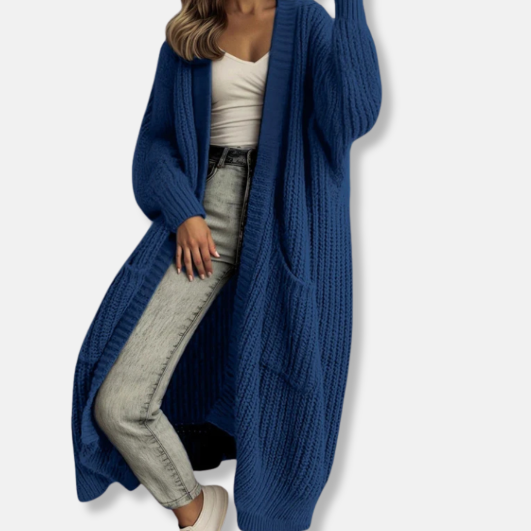 Women’s Cardigan - Ribbed Knit - Oversized Fit - Maxi Length - Open Front - Pockets