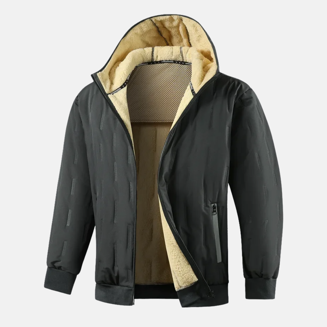 Men's Hooded Coat With Plush Lining, Relaxed Fit, Zip Pockets, And Ribbed Trim Winter Outerwear