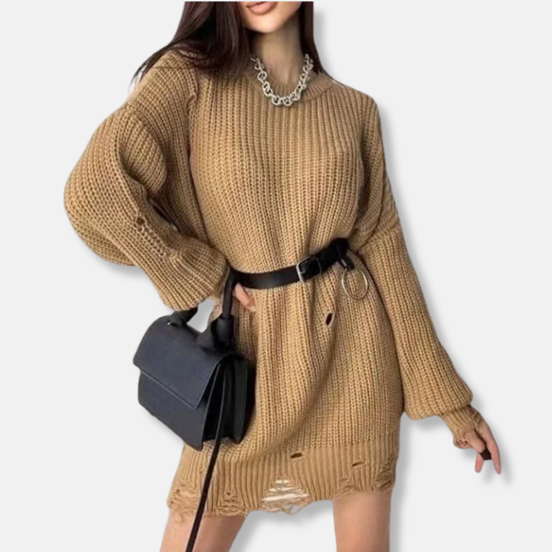Women’s Dress - Ribbed Knit - Mini Length - Balloon Sleeves - Distressed Hem