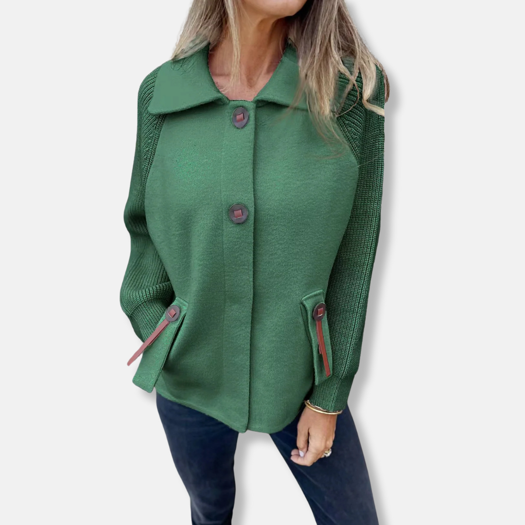 Women’s Jacket – Relaxed Fit – Textured Knit Sleeves – Lapel Collar – Button Front