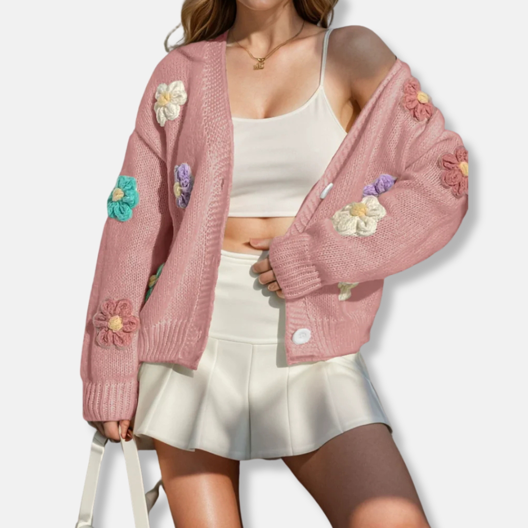 Women’s Knitted Cardigan – Oversized Fit – Wool Blend – Handmade Floral Accents – Button Front