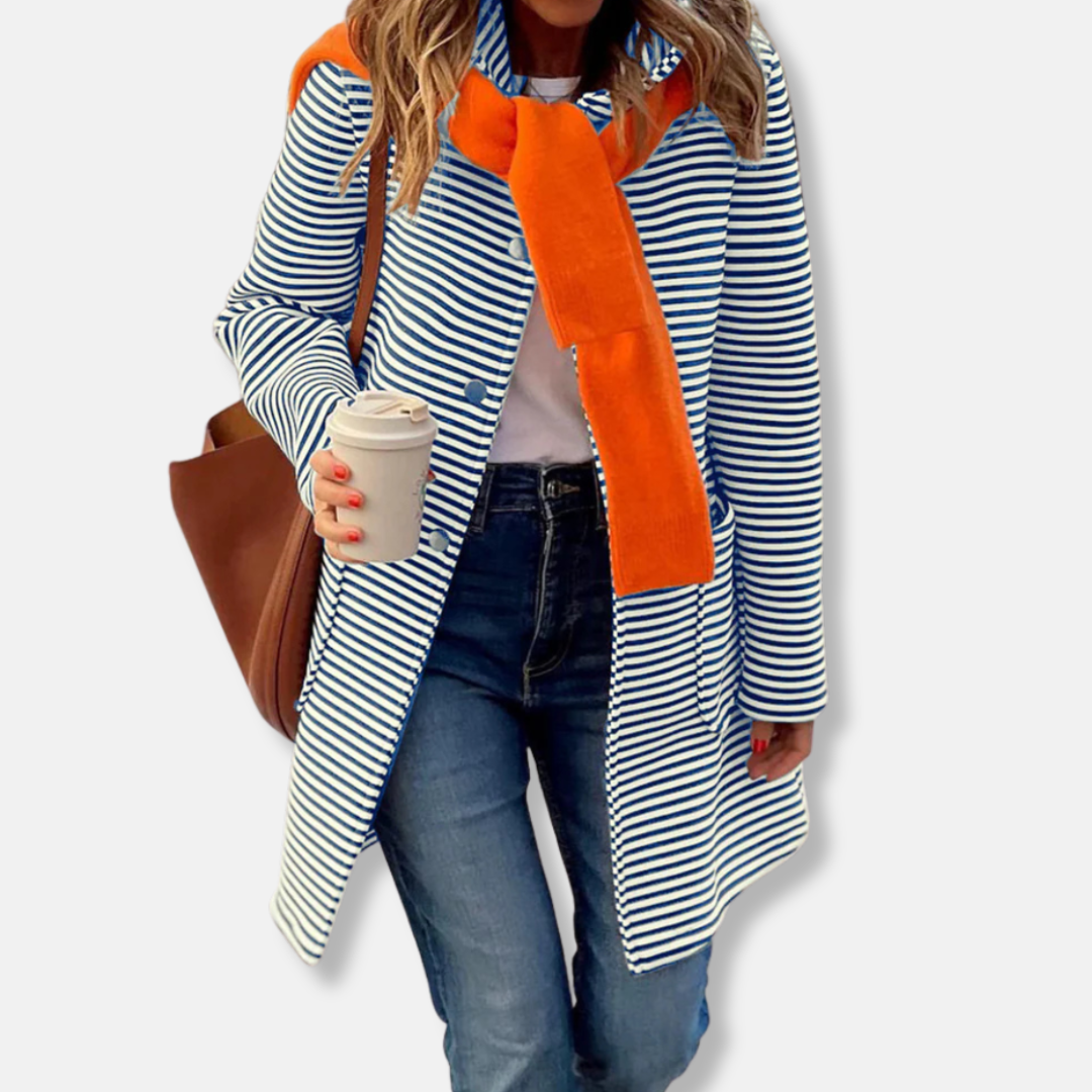 Women’s Trench Coat – Relaxed Fit – Mid-Thigh Length – Striped – Cotton Blend – Double-Breasted