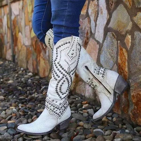 Women's boots with studs up to the knee | block heel