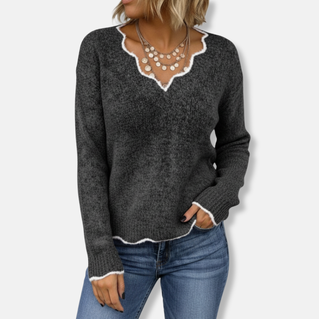 Women’s Sweater – Relaxed Fit – Wool Knit – Scalloped Neckline – Soft Casual Pullover