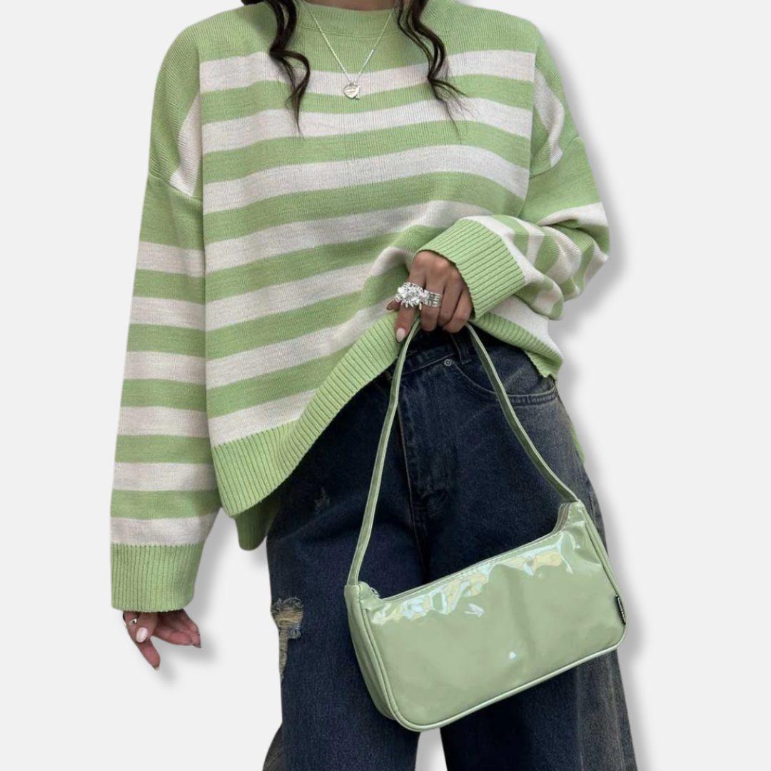 Women’s Pullover Sweatshirt – Loose Fit Knit – Striped Crew Neck – Ribbed Hem
