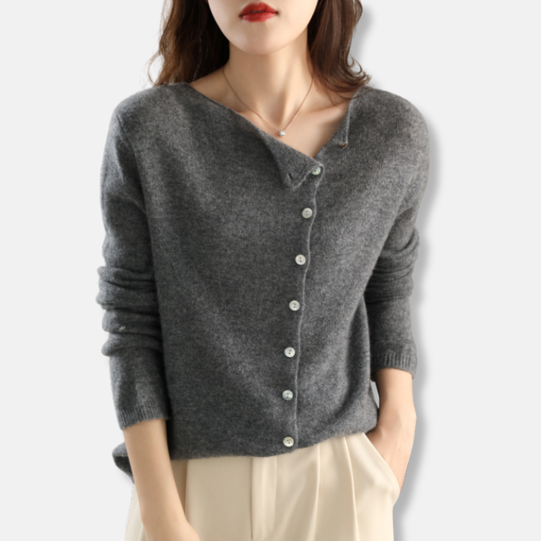 Women’s Cardigan - Knit - Relaxed Fit - Asymmetrical Neckline - Ribbed Cuffs