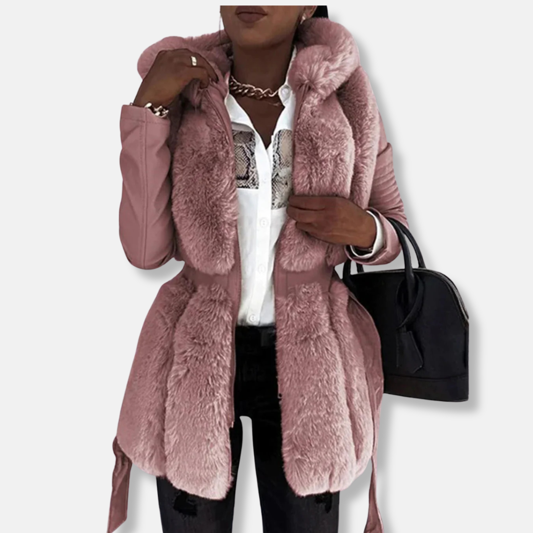 Women’s Mid-Length Coat – Faux Fur Front – Belted Waist – Padded Sleeve – Tailored Fit
