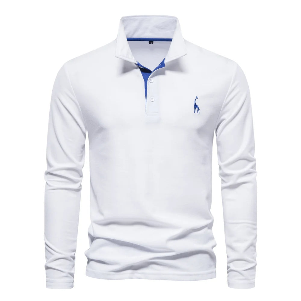 Mens Long Sleeve Polo Shirt By Designer For Professionals With Refined Deer Embroidery And Smart Design
