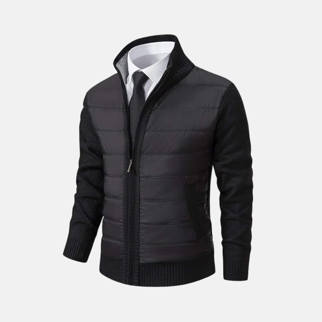 Men's Acrylic Blend Slim Fit Jacket With Stand Collar And Knitted Sleeves For Modern Style