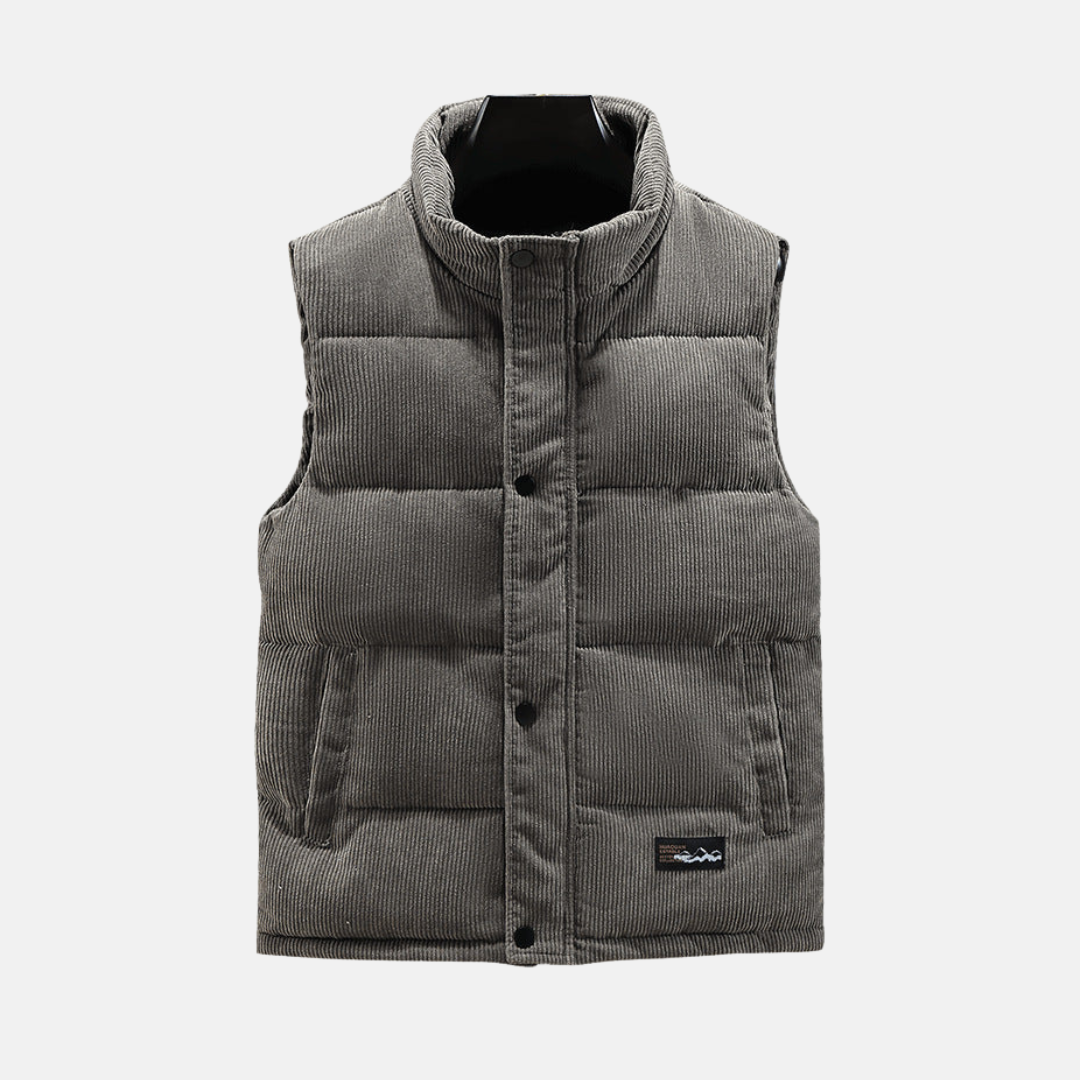 Men's Corduroy Quilted Vest With High Collar And Snap Front For Casual Winter Layering