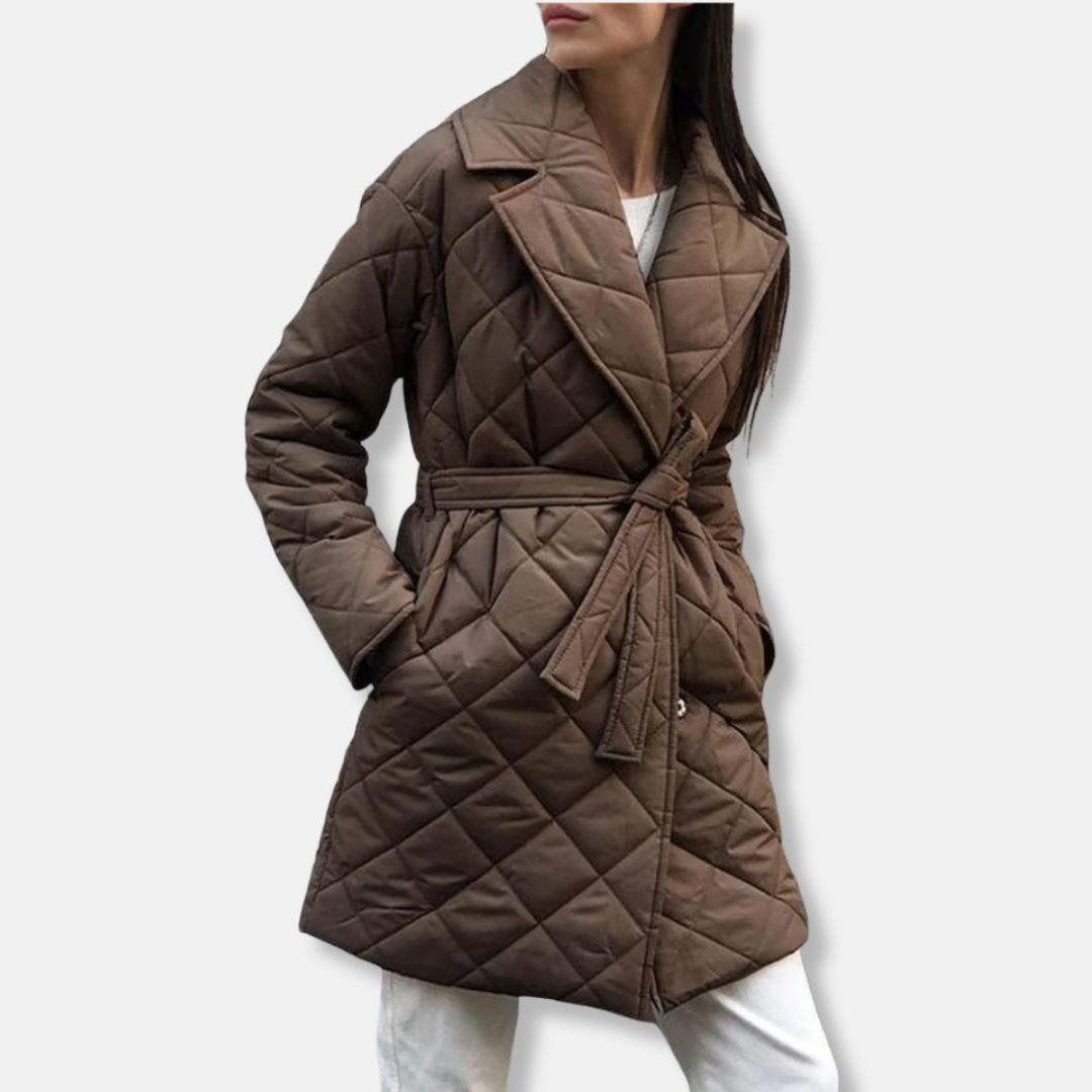 Women’s Quilted Coat – Mid-Length Insulated – Belted Waist – Notched Lapel Collar