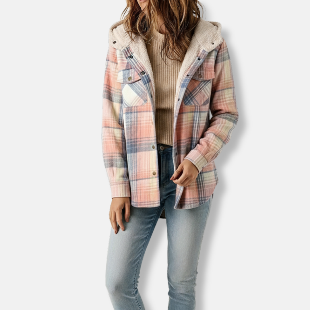 Womens Shacket Cotton Blend Hooded Point Collar Sherpa Lined Plaid Oversized Cozy For Women