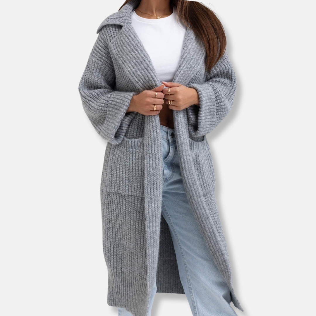 Women’s Long Knit Coat – Wool Blend – Oversized Fit – Hooded with Ribbed Texture