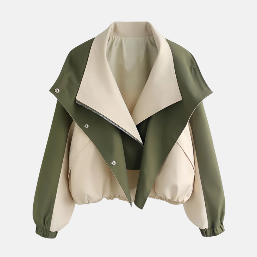 Women’s Short Jacket – Oversized Fit – Two-Tone Design – Blouson Hem – Snap Closure
