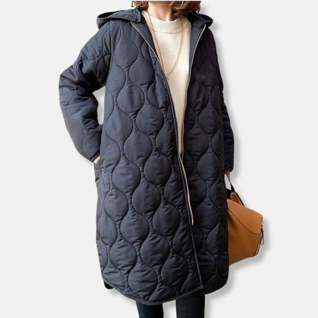 Women’s Quilted Jacket – Oversized Fit – Long Length – Hooded with Zip Closure