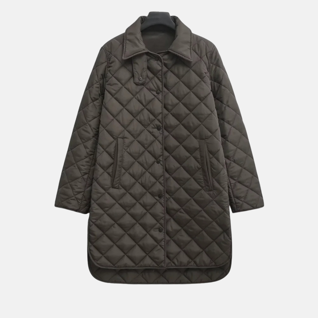 Women’s Quilted Jacket – Mid-Length – Diamond Pattern – Shirt Collar – Button Front