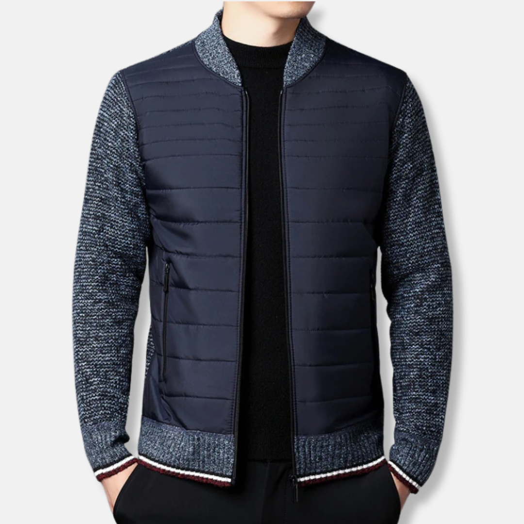 Men's Padded Jacket With Ribbed Stand Collar Hip Length Bomber Style For Smart Casual Wardrobe