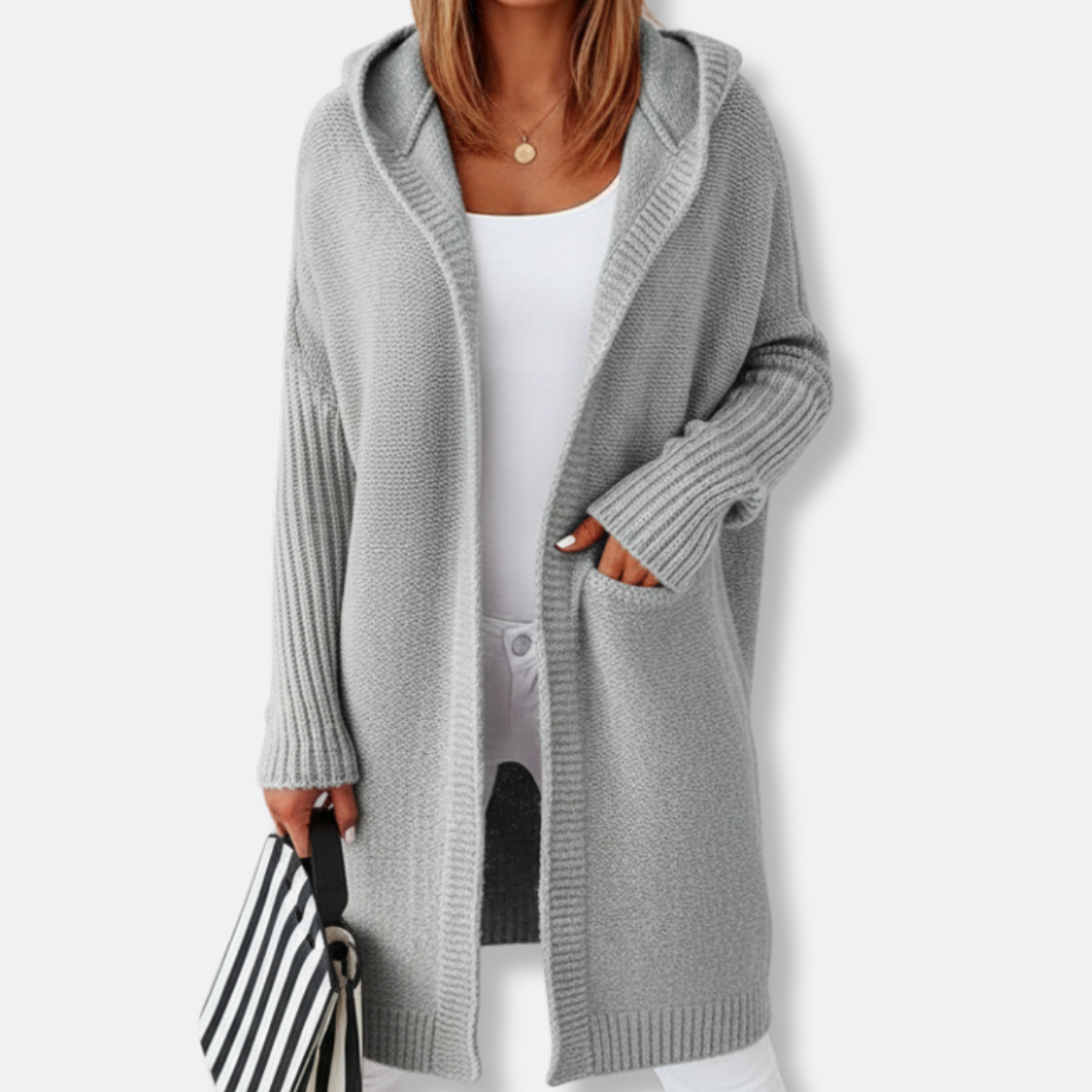 Women’s Hooded Cardigan – Oversized Relaxed Fit – Knit Wool Blend – Knee Length